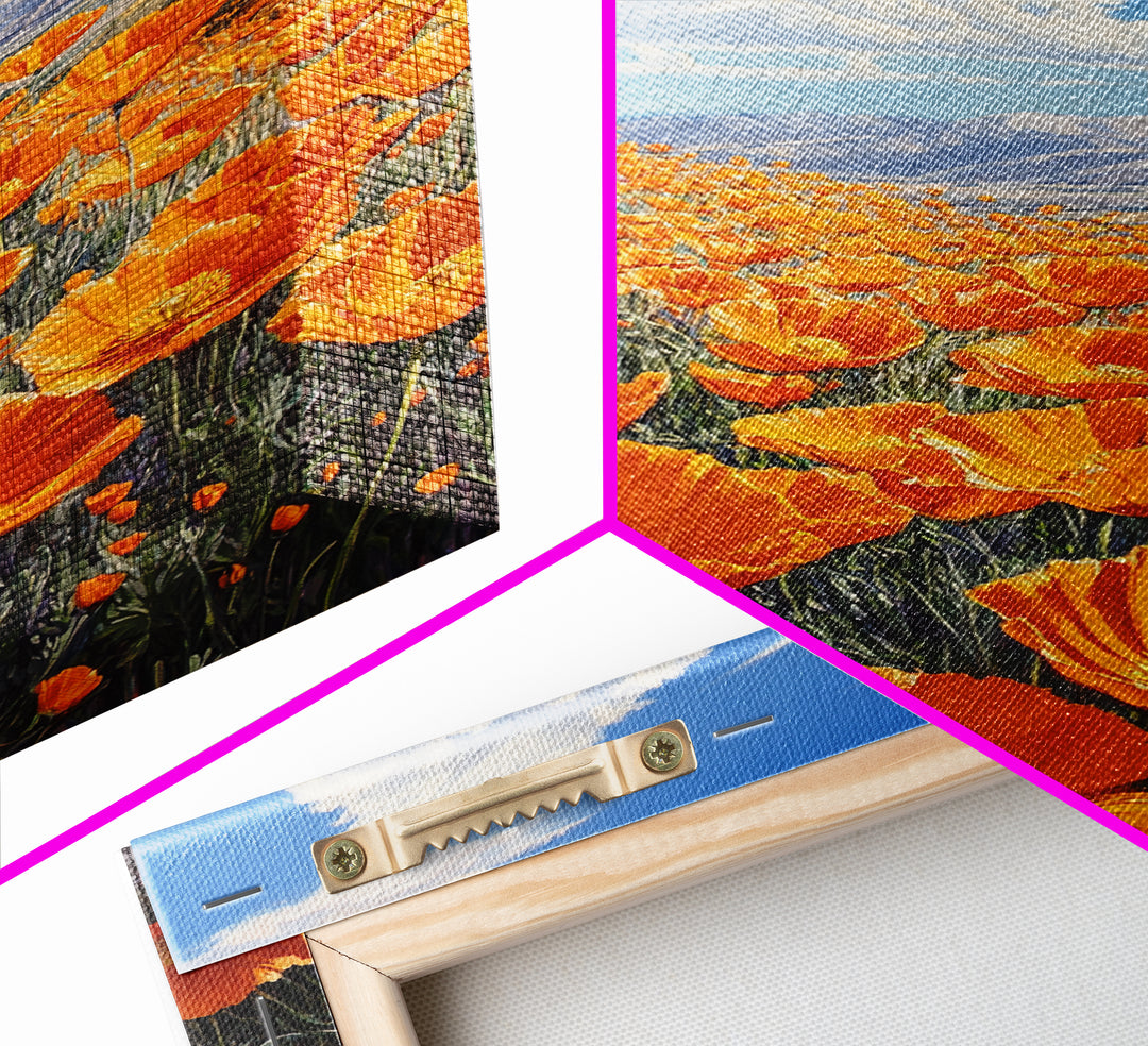 California Poppy Canvas Print with Vibrant Wildflower Painting, Rustic Living Room Art, Nature Landscape for Farmhouse Wall Decor