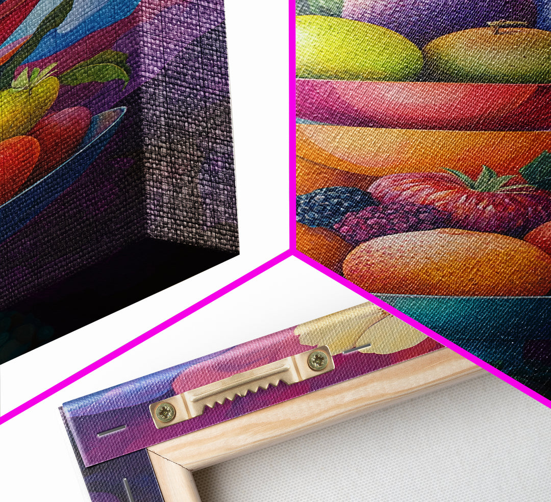 Colorful Fruit Bowl Canvas Print Featuring Still Life Painting, Whimsical Kitchen Art, Vibrant Food Review Wall Art for Dining Spaces