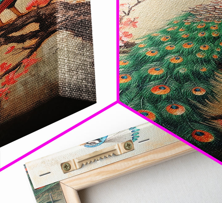 Peacock Canvas Print with Cherry Blossom Painting, Vibrant Oriental Art, Rustic Chinoiserie Wall Decor, Bold Statement Piece for Living Room