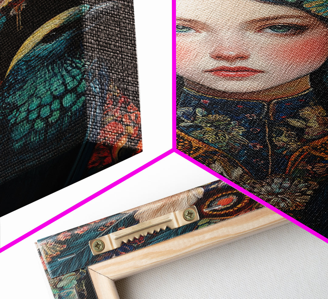 Goddess Art Framed Canvas Print Featuring Whimsical Floral Headdress and Bird Art, Boho Bedroom Art with Vibrant Chinoiserie Vibes