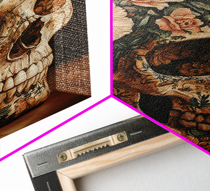 Skull Art Framed Canvas Print Featuring Floral Boho Design in Rustic Chinoiserie Style, Gothic Bedroom Art and Halloween Wall Decor