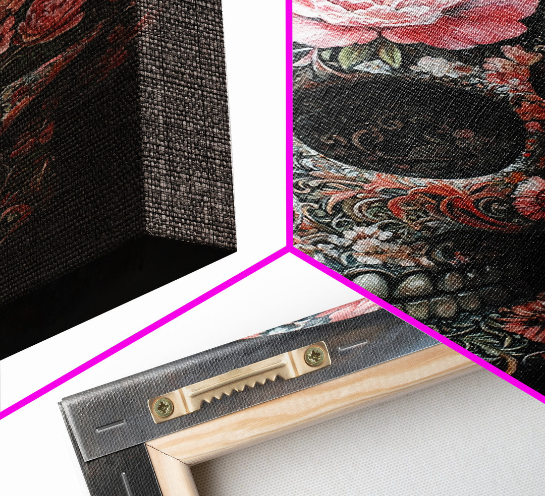 Skull Art Framed Canvas Print with Intricate Floral Patterns in Gothic Boho Style, Chinoiserie-Inspired Rustic Bedroom or Living Room Art