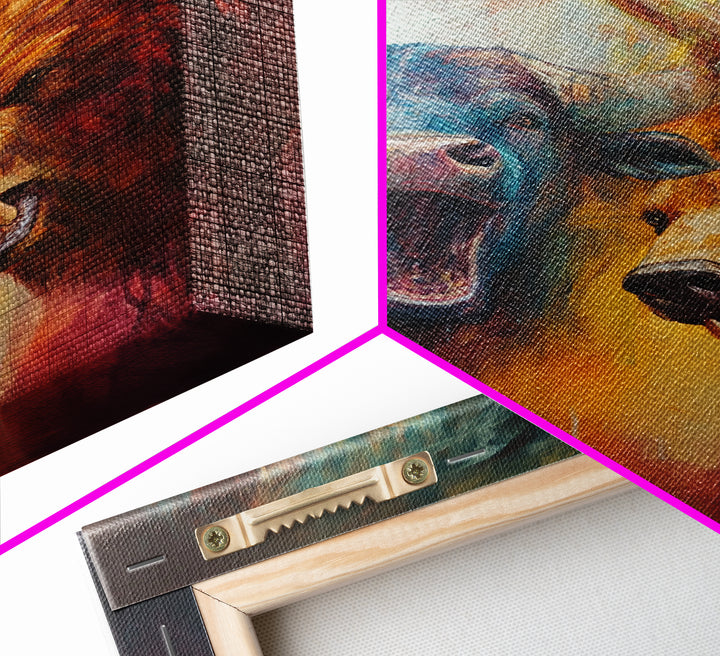 Bull and Bear Duel Framed Canvas Print Vibrant Moody Art Rustic Wall Art Unique Gift Idea Living Room Decor Animal Art Financial Market Theme