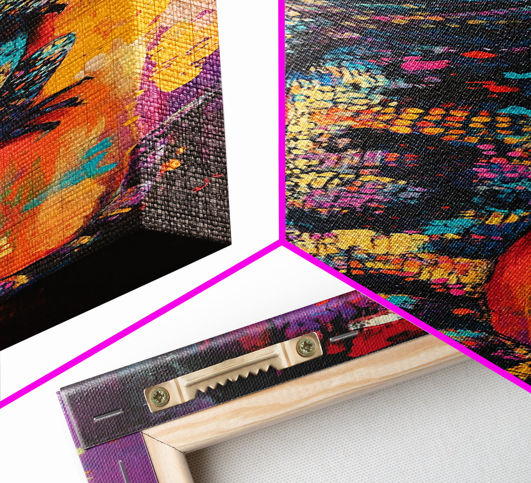 Colorful Lizard, whimsical art, chicano art, boho art, blotter art, psychedelic painting, extra wide art, Framed Canvas Print