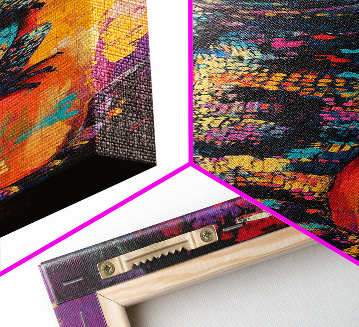 Colorful Lizard, whimsical art, chicano art, boho art, blotter art, psychedelic painting, extra wide art, Framed Canvas Print