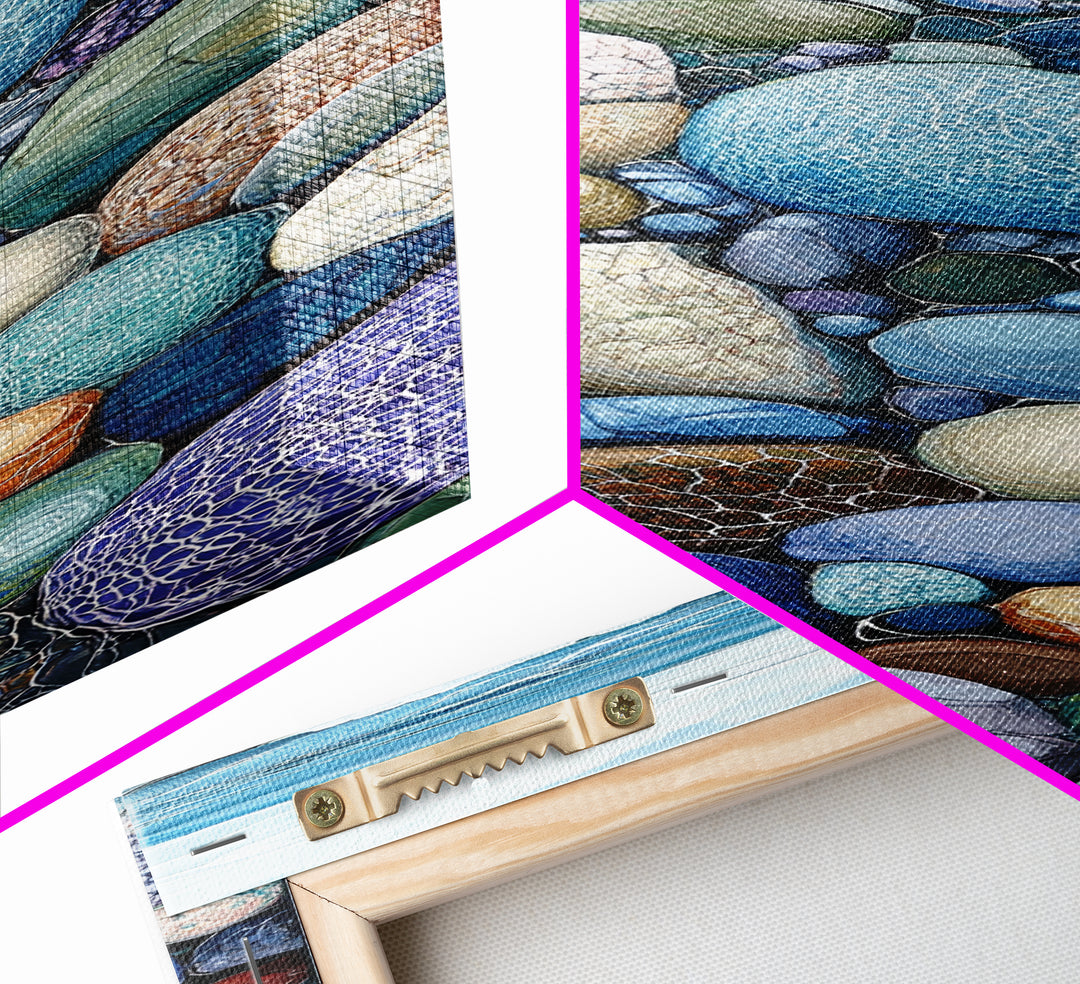 Pebble Beach, mosaic wall art, coastal decor, nautical painting, blue and green wall art, extra wide art, Canvas Print, above sofa art