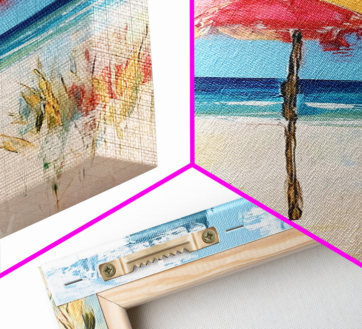 Beach Umbrella, Ocean Breeze, Coastal Decor, Surf Wall Art, Nautical Painting, Coastal Wall Art, Framed Canvas Print, Tall Skinny Art