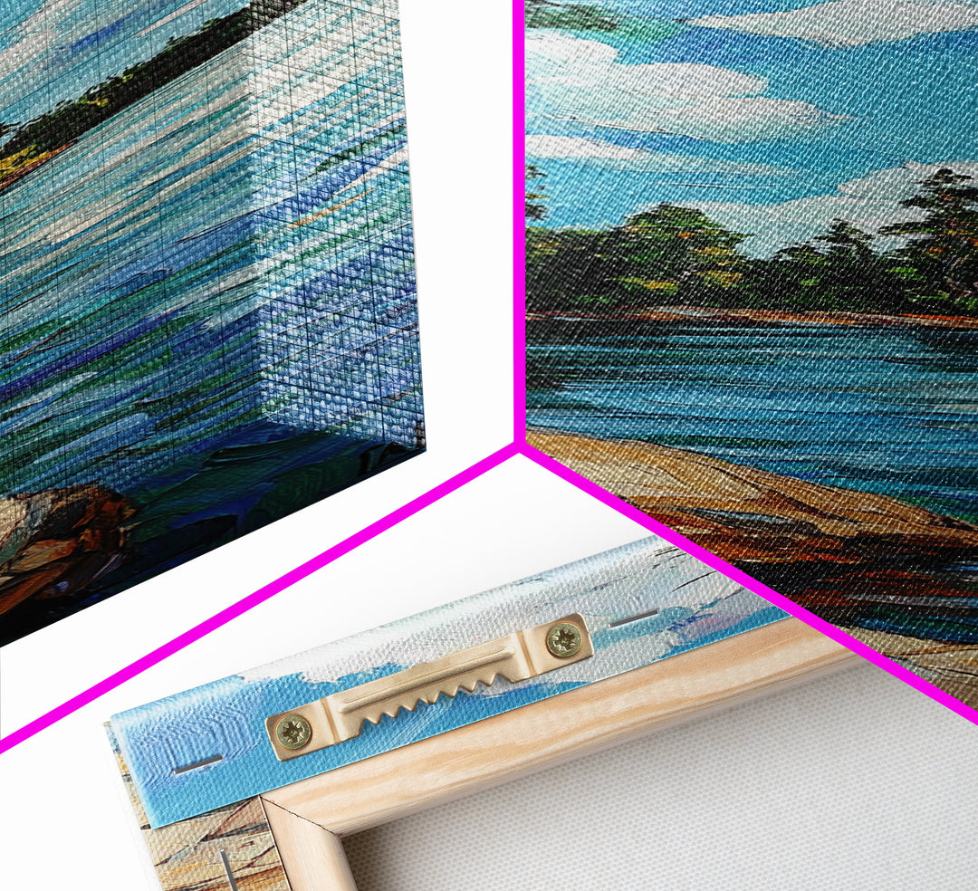 Rocky Shore, Pine Tree Art, Coastal Landscape, Nautical Painting, Blue and Green Wall Art, Framed Canvas Print,