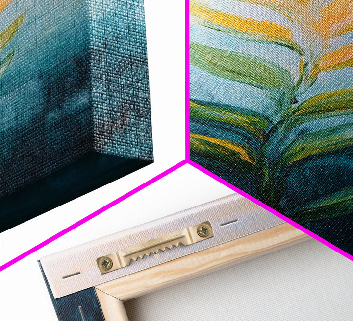 Botanical, teal and gold, minimalist art, wabi sabi art, vertical wall art, framed canvas print, modern decor, bedroom art