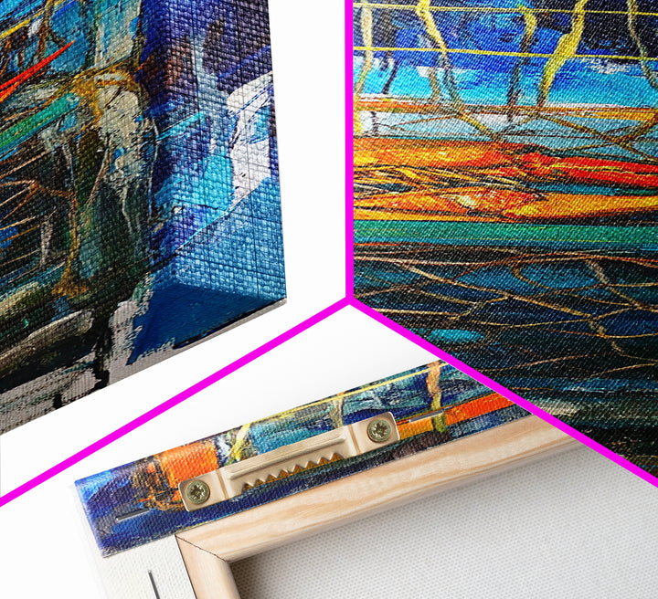 Crayfish painting, nautical wall art, rustic art, kitchen decor, fisherman painting, blue and orange, framed canvas print, gift idea