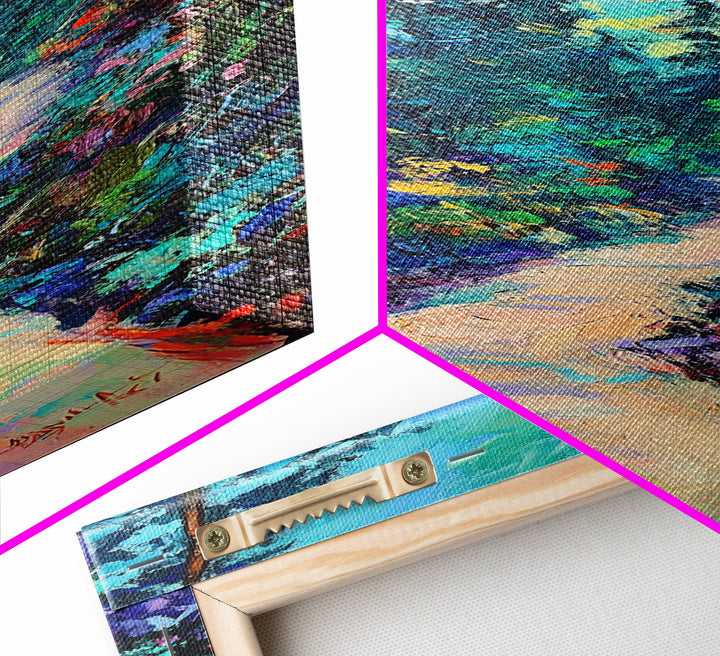 Abstract Forest Path, moody art, landscape painting, wildflower painting, pine tree art, framed canvas print, vertical wall art