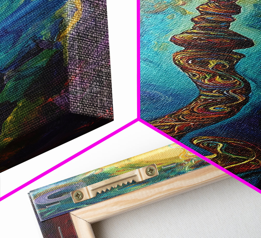 Cosmic Palm Tree, palm tree painting, pink orange wall art, tropical art, framed canvas print, psychedelic art, beach house decor