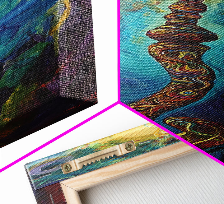 Cosmic Palm Tree, palm tree painting, pink orange wall art, tropical art, framed canvas print, psychedelic art, beach house decor