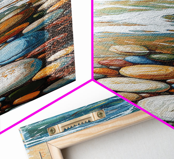 Pebble Beach Art, coastal painting, framed canvas print, beach house decor, nautical wall art, blue and green wall art