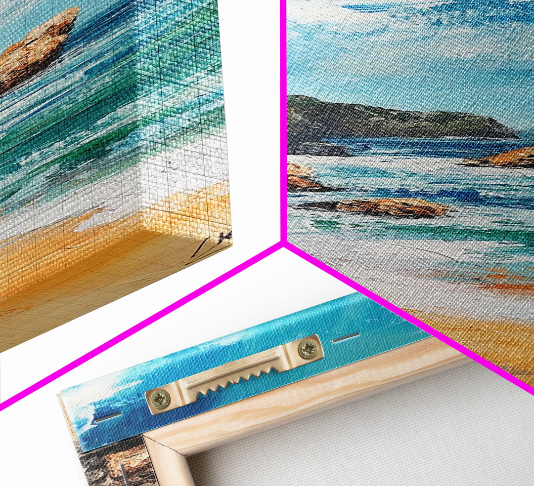 Coastal Beach, Ocean Waves, Rocky Shore, Framed Canvas Print, coastal decor, nautical wall art, seascape painting, rustic art