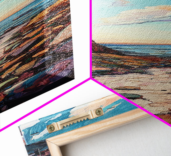 Rocky Coastline, Ocean Waves, Beach Path, Framed Canvas Print, coastal landscape art, farmhouse art, rustic décor