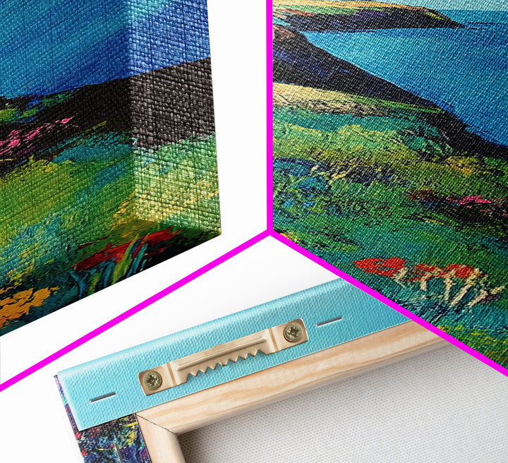 Coastal cliffs, Ireland painting, wildflower painting, landscape painting, framed canvas print, extra wide art