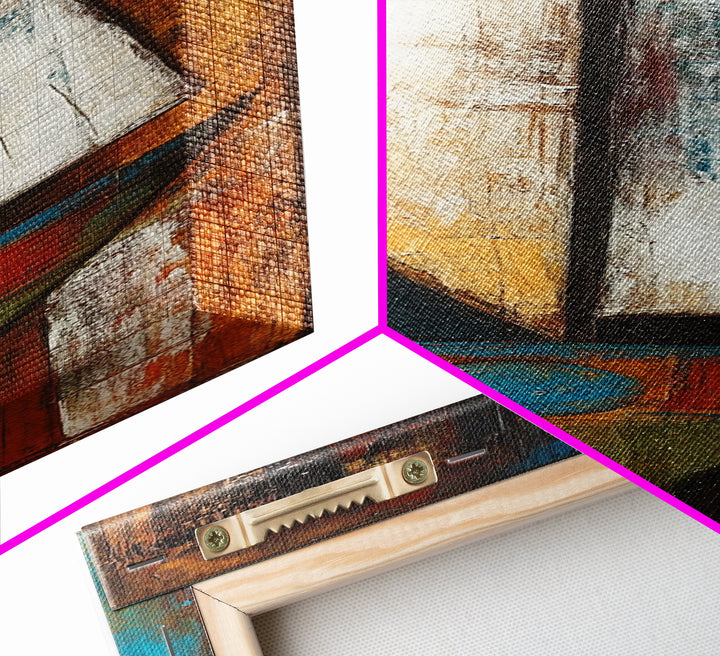 Abstract sailboat, nautical painting, long narrow wall art, framed canvas print, rustic art, extra wide art, blue and green wall art