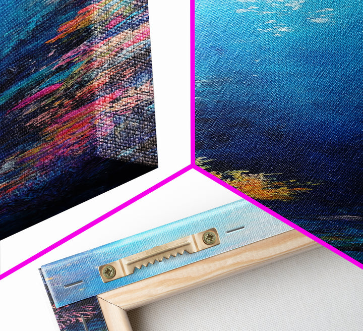 Deep Sea Coral, dolphin painting, ocean wall art, marine life art, framed canvas print, nautical decor, blue and green wall art