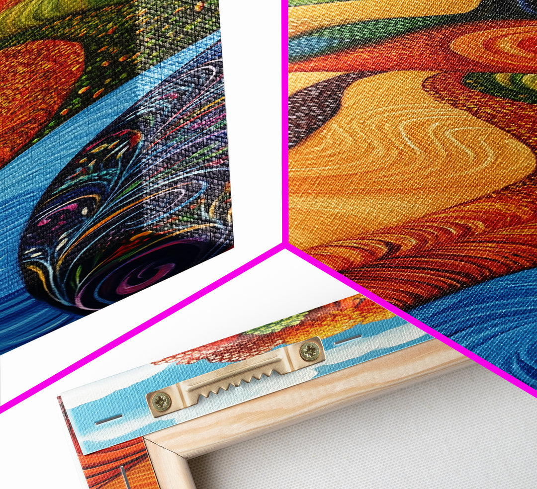 Colorful Fields, folk art, Russian folk art, pink orange wall art, bright and bold, framed canvas print, extra wide art