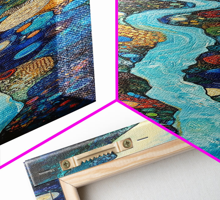 Abstract River, mosaic wall art, blue and green wall art, geometric wall art, whimsical art, framed canvas print, tall narrow art