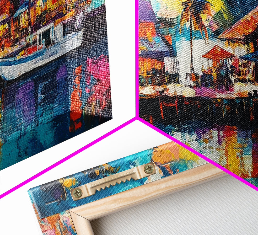 Coastal Village Painting, Nautical Wall Art, Tropical Landscape Art, Vibrant Art, Beach House Decor, Extra Wide Art, Canvas Print