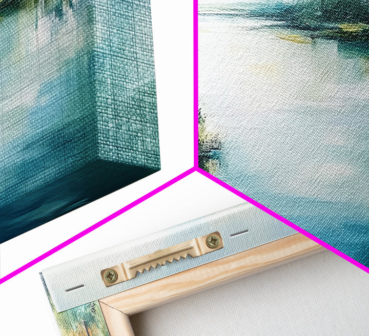 River Reflection, landscape painting, rustic wall art, sage green wall art, farmhouse art, coastal art, extra wide art, Canvas Print