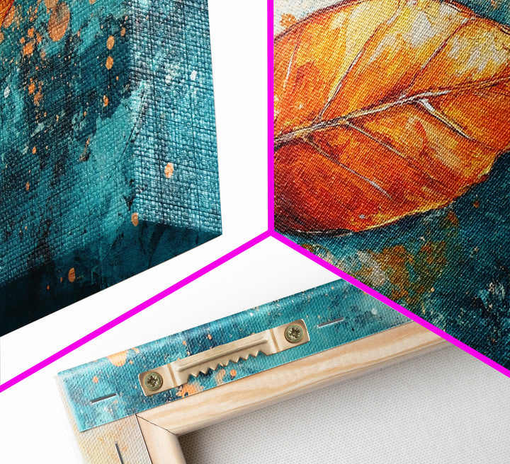 Autumn Leaf, fall painting, teal wall art, botanical prints, moody art, textured painting, gift idea for her, Canvas Print