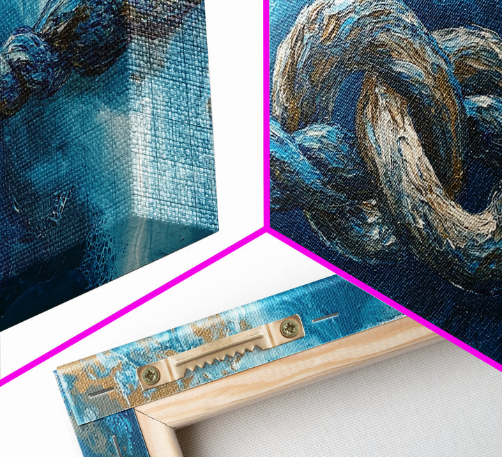 Ocean Rope, nautical decor, blue and gold wall art, coastal painting, seascape painting, horizontal wall art, Framed Canvas Print