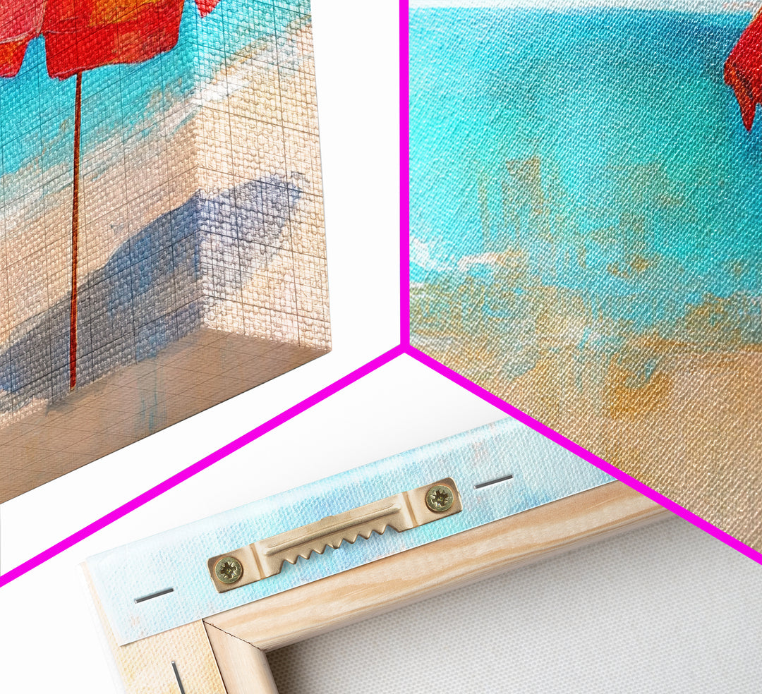 Beach Umbrella, Coastal Decor, Nautical Wall Art, Seascape Painting, Ocean Painting, Extra Wide Art, Framed Canvas Print, Beach House Art