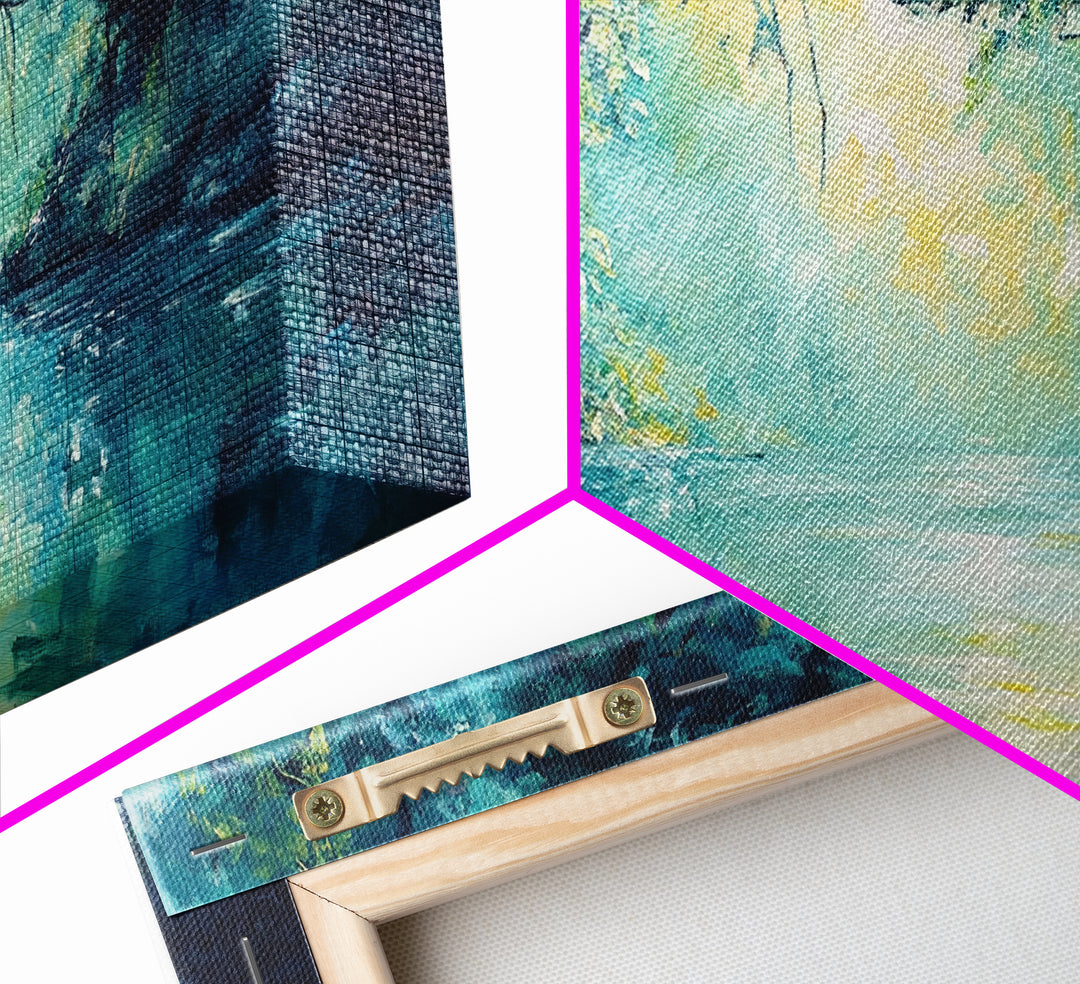 Mystical River, Framed Canvas Print, landscape painting, moody art, forest at dusk painting, teal wall art, extra wide art