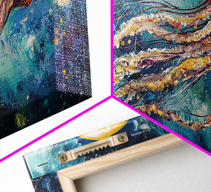 Cosmic Jellyfish, Canvas Print, ocean art, octopus art, dolphin painting, extra wide art, dark romance painting, coastal wall art