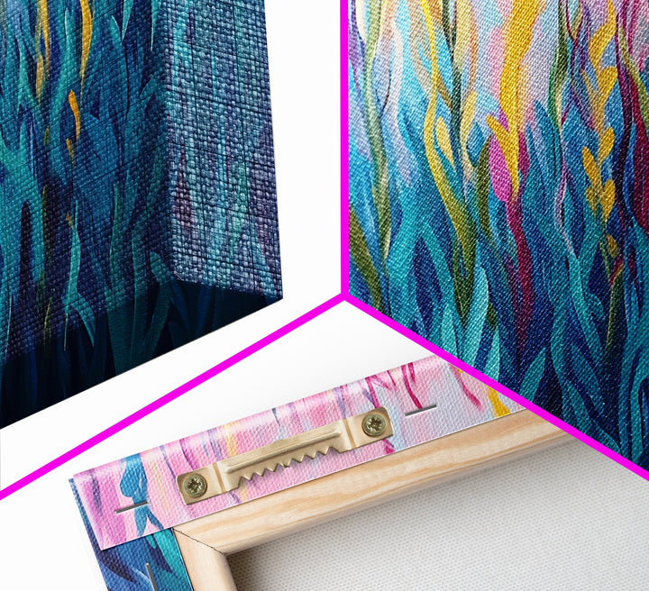 Abstract Seaweed, Framed Canvas Print, ocean art, botanical prints, teal wall art, pink abstract art, extra wide art, coastal decor