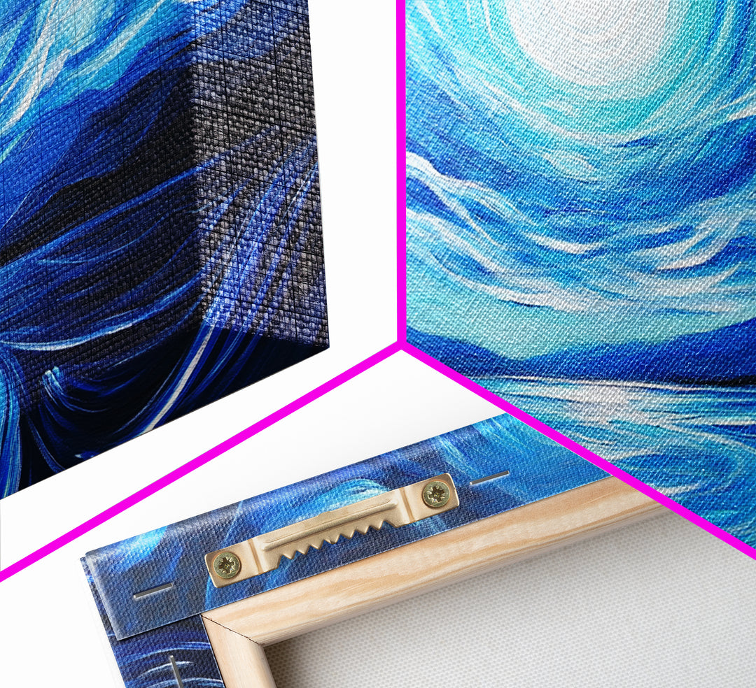 Blue Moon Painting, Moody Art, Nautical Wall Art, Coastal Painting, Framed Canvas Print, Above Couch Art, Extra Wide Art