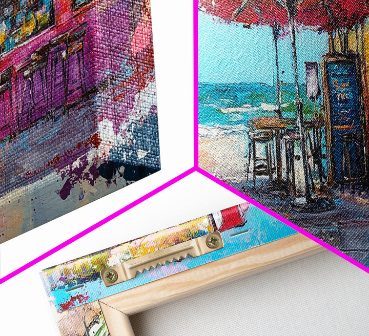 Beach Bar, Coastal Landscape Art, Tropical Art, Nautical Wall Art, Ocean Painting, Extra Wide Art, Framed Canvas Print, Rustic Wall Art