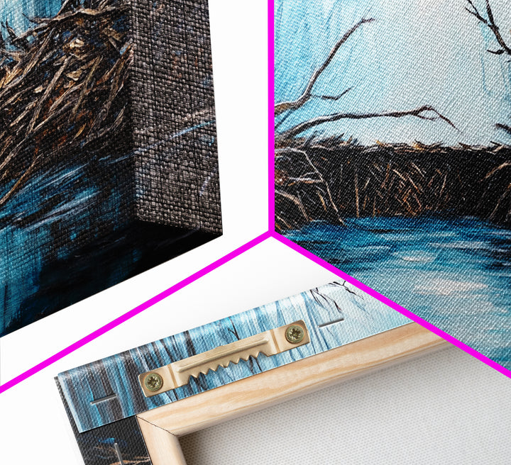 Beavers, river, landscape painting, extra wide art, panoramic painting, moody art, framed canvas print, rustic wall art, bedroom art