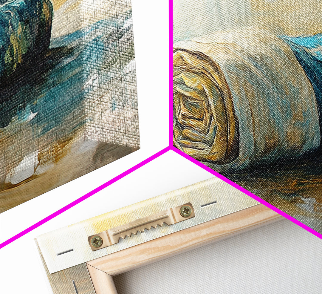 Rolled fabric, oil painting from photo, rustic decor, farmhouse art, wabi sabi art, framed canvas print, horizontal wall art, gift idea