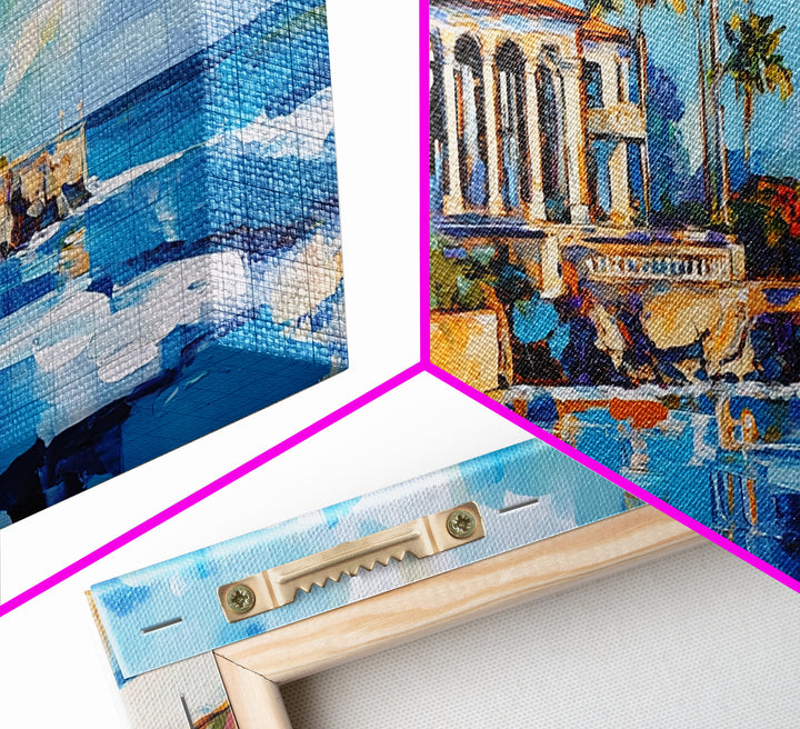 Coastal Mansion, Palm Trees, Panoramic Art, Framed Canvas Print, Coastal Landscape Art, Tropical Decor, Extra Wide Art, Living Room Art