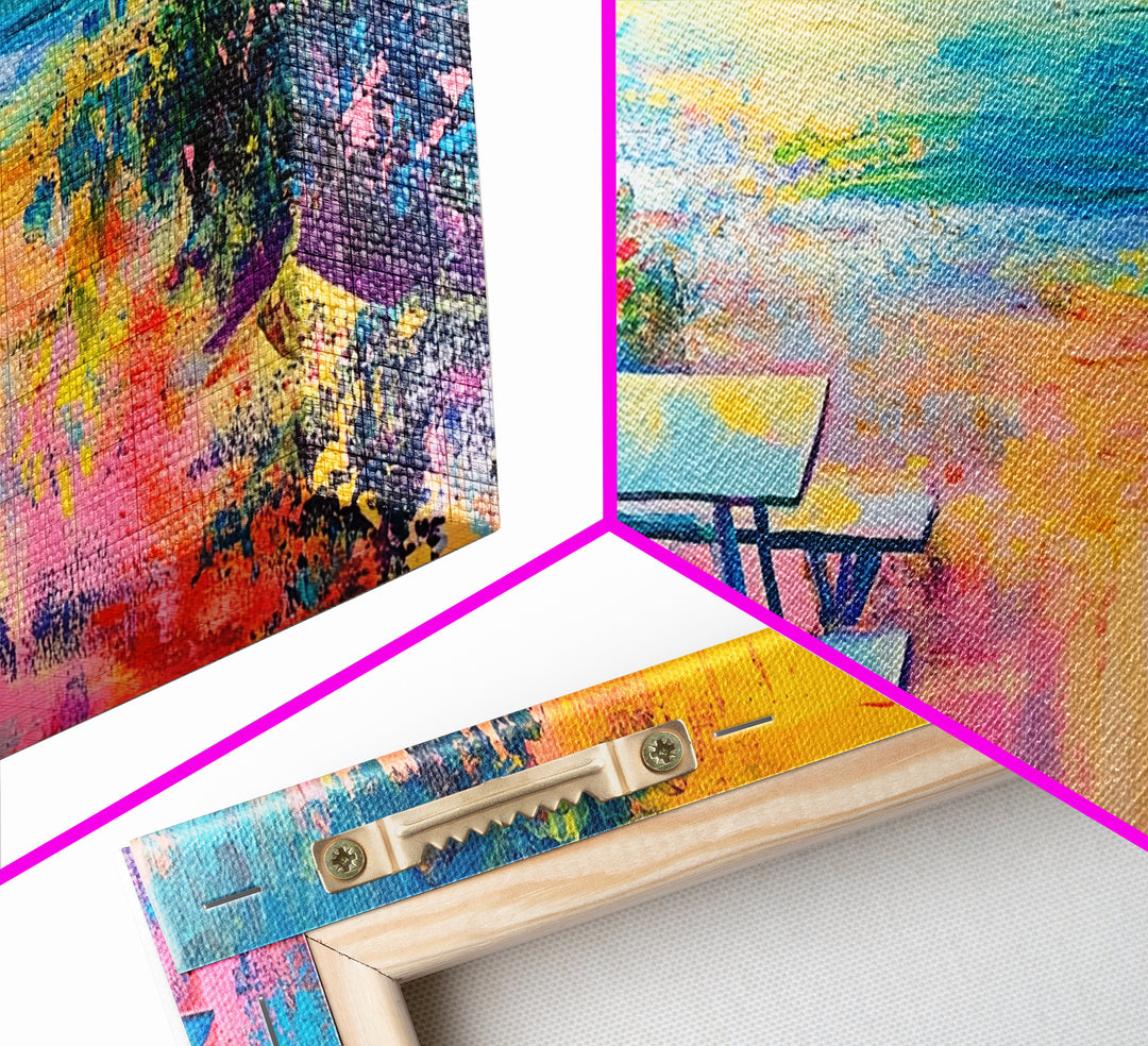 Coastal landscape art, framed canvas print, extra wide art, vibrant sunset painting, tropical beach decor, ocean waves, panoramic art