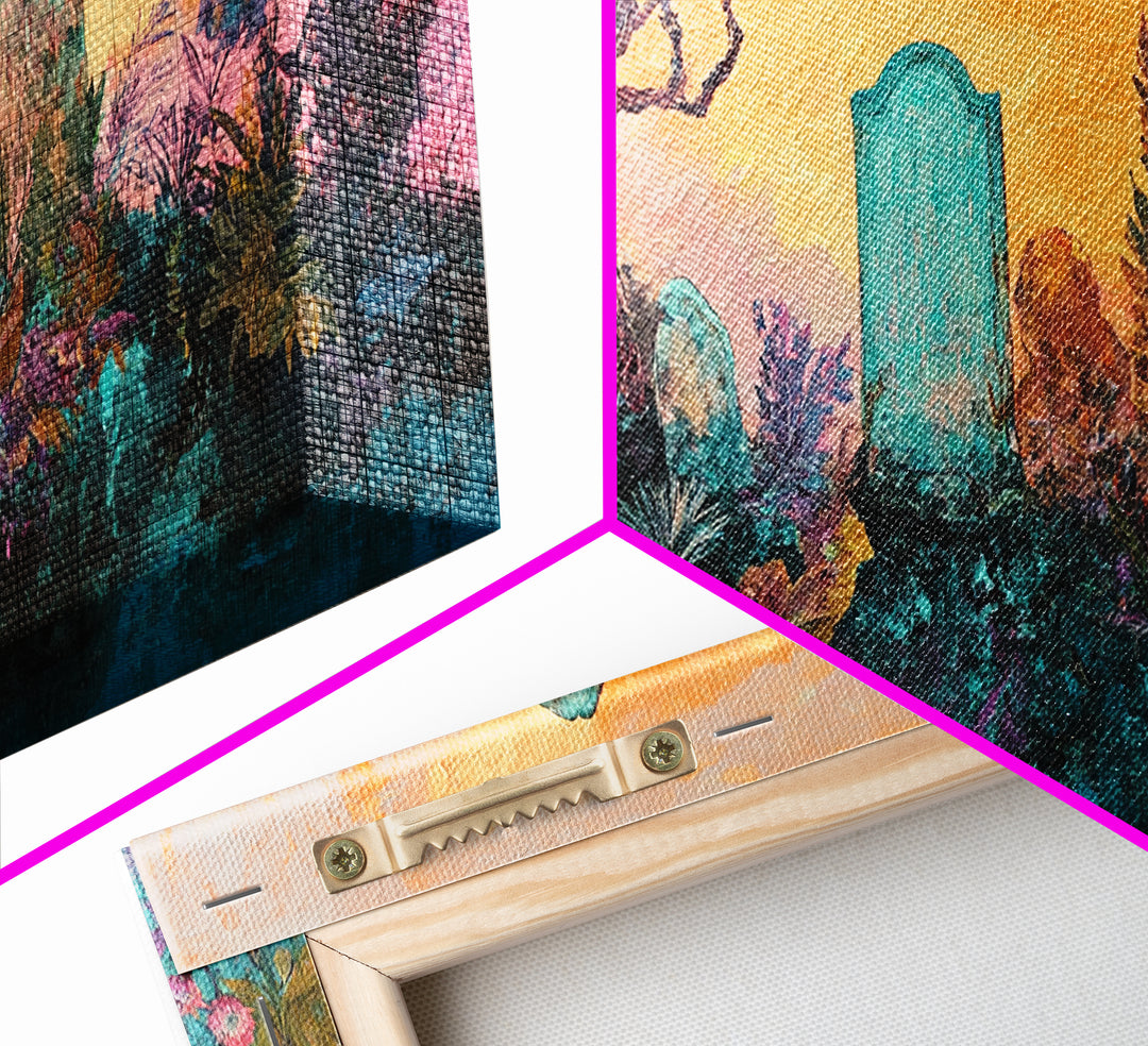 Dark romance painting, gothic art, framed canvas print, extra wide art, Halloween decor, whimsical art, spooky graveyard painting