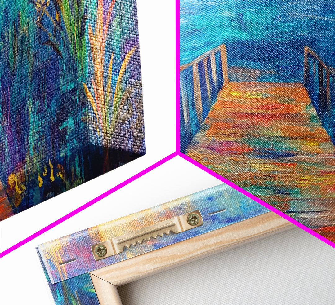 Dock, ocean sunset, coastal painting, coastal landscape art, nautical decor, seascape painting, framed canvas print, above bed wall art