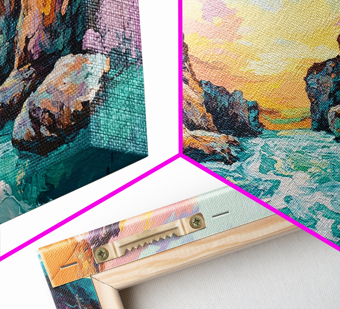 Coastal Canyon Sunset, panoramic painting, extra wide art, framed canvas print, seascape painting, southwest wall art