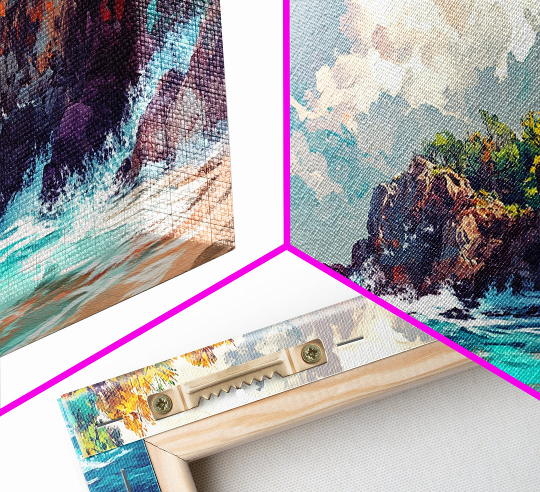 Rocky Cliff Beach, coastal landscape art, framed canvas print, seascape painting, nautical decor, extra wide art, above couch art