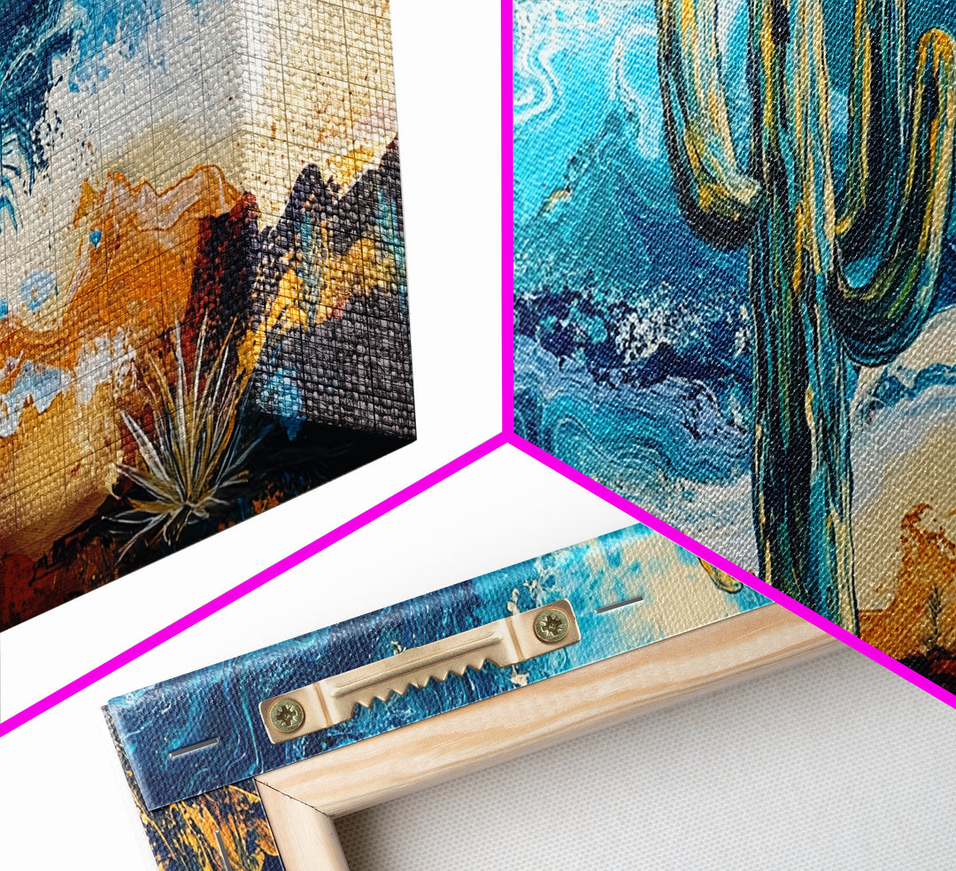 Cactus Desert Art, southwest wall art, Joshua tree art, moody art, rustic decor, extra wide art, panoramic art, Framed Canvas Print