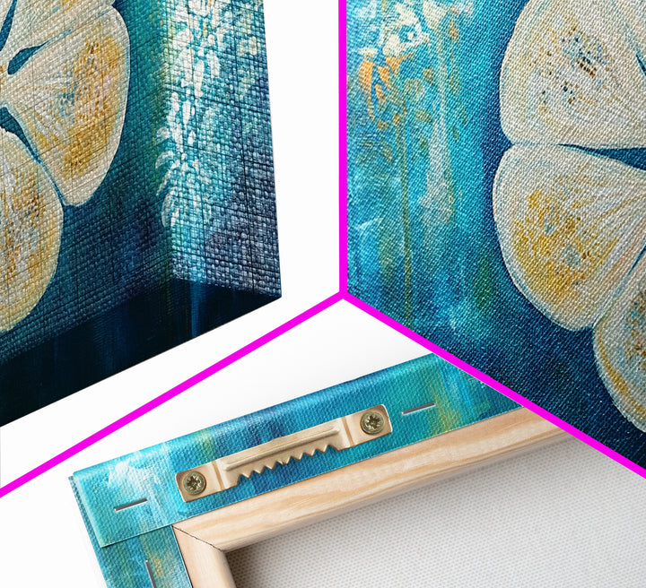 Abstract Floral, Botanical Prints, Coastal Landscape Art, Wabi Sabi Art, Framed Canvas Print, Extra Wide Art, Blue and Gold Wall Art