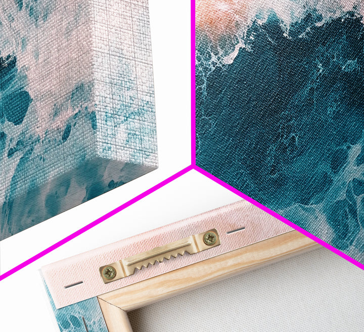 Abstract Ocean, Coastal Landscape Art, Nautical Wall Art, Framed Canvas Print, Teal and Pink Art, Surf Inspired Artwork