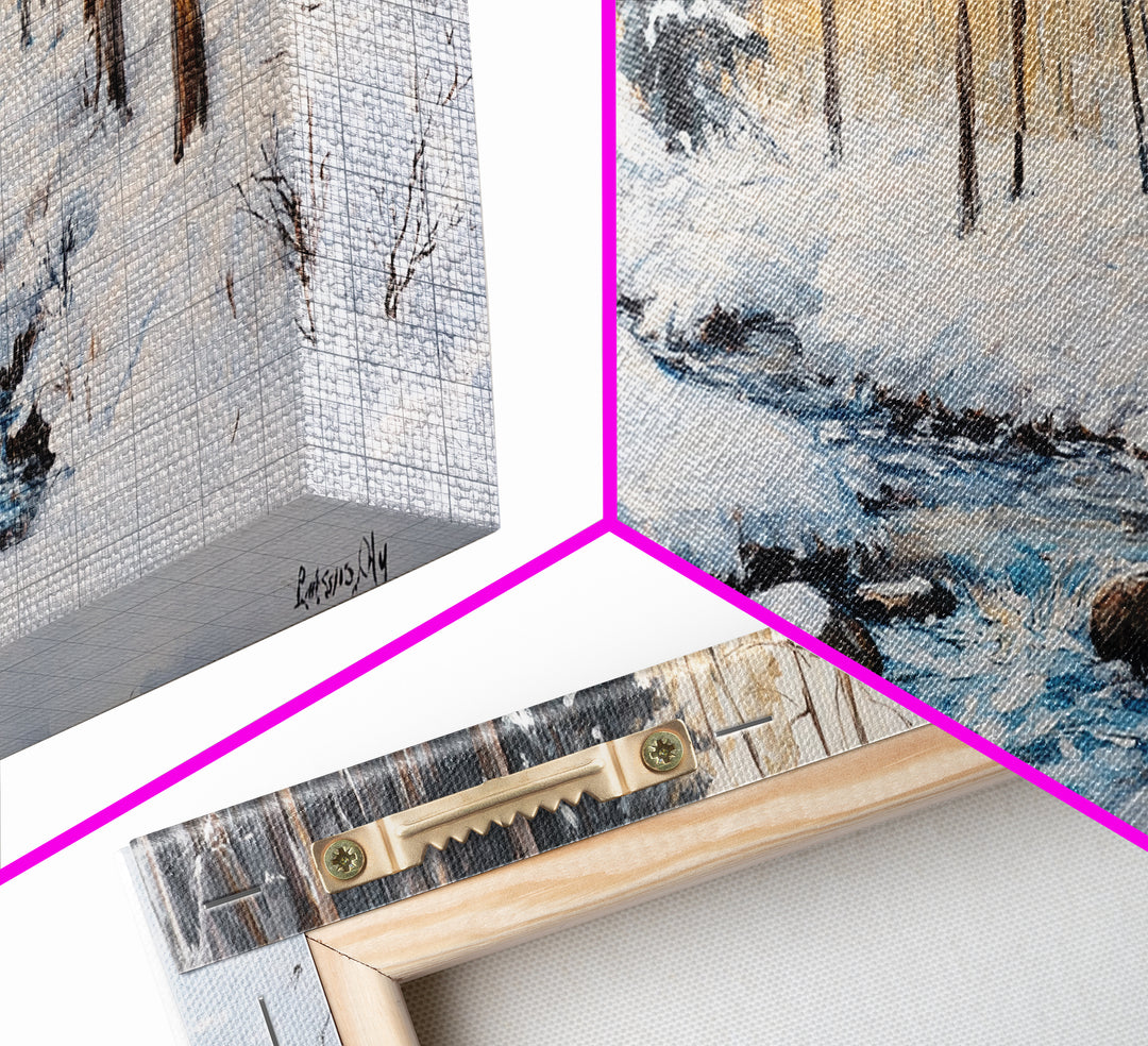 Birch Tree Painting, Snowy River Art, Winter Landscape, Framed Canvas Print, Farmhouse Art, Wabi Sabi Art, Tall Narrow Art