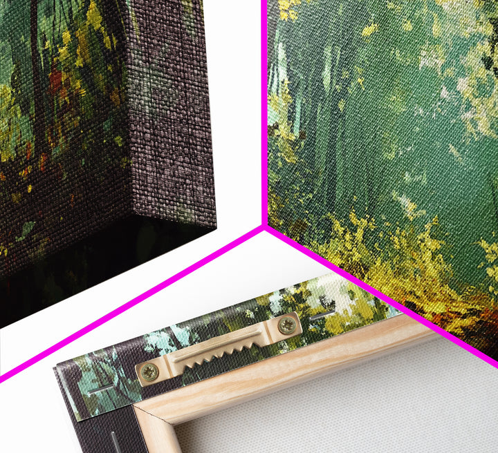 Forest Path, Sunlit Trees, Green Wall Art, Nature Landscape, Panoramic Painting, Rustic Wall Art, Framed Canvas Print