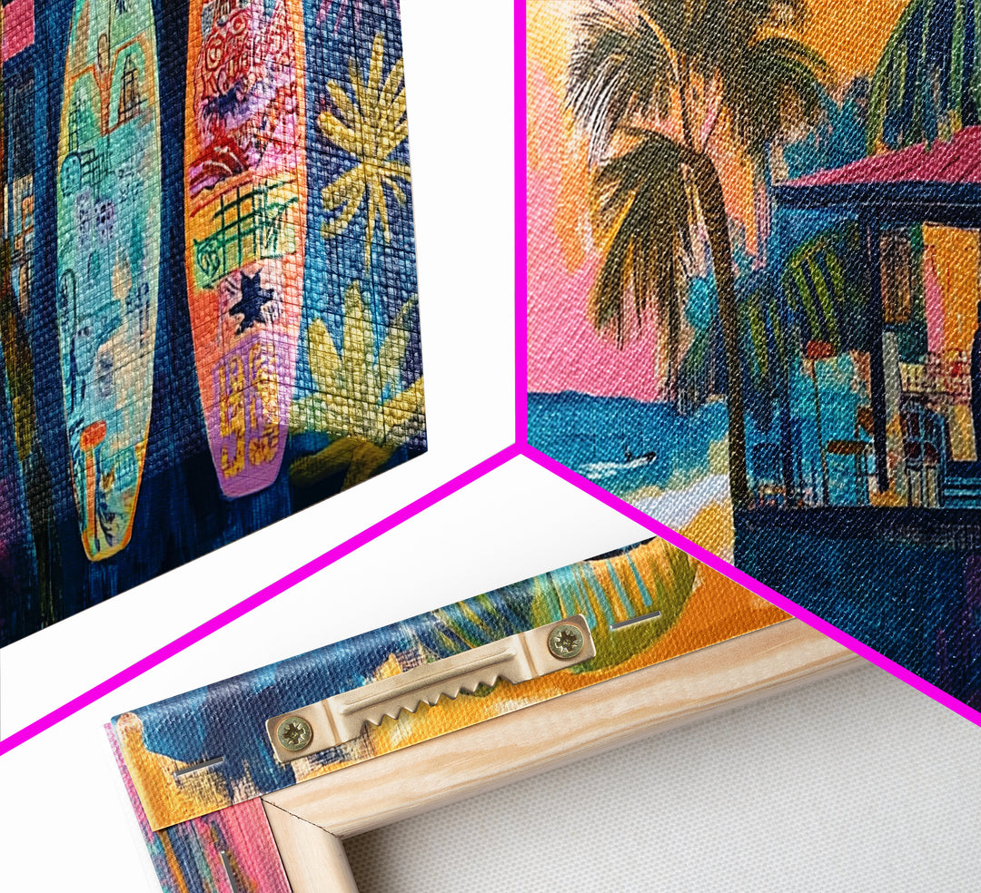 Beach Bar, palm tree painting, surf wall art, coastal decor, nautical wall art, tropical art, above couch art, Canvas Print