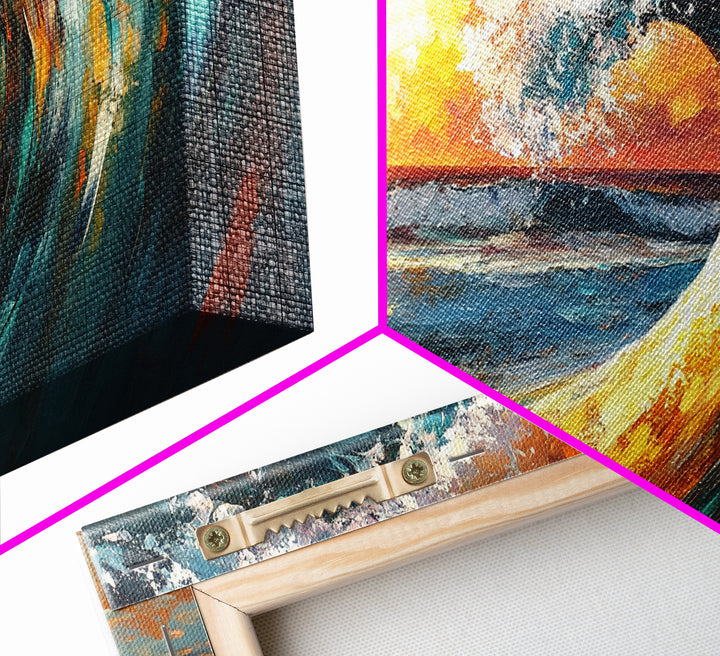 Ocean wave, sunset surf, seascape painting, framed canvas print, surf wall art, nautical painting, coastal decor
